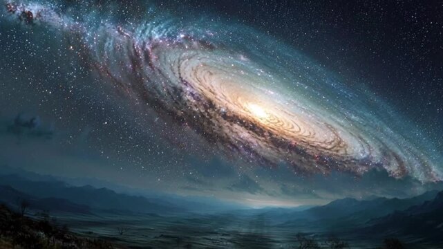 Spectacular spiral galaxy illuminating a vast mountain landscape under a starry night sky, cosmic scene blending outer space beauty with Earth horizon and celestial wonder

