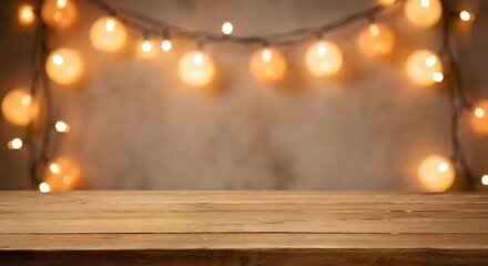 Naklejka premium Empty wooden table with warm string lights creating cozy ambiance against blurred background for product display and festive decoration concepts.