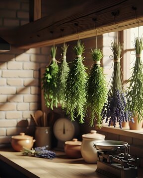 Fresh herbs hanging to dry in rustic kitchen with ceramic pots and wooden shelves for natural cooking and herbal medicine preparation.