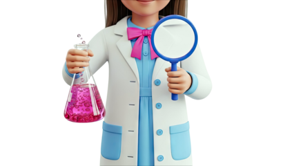 Cartoon Scientist Girl with Beaker and Magnifying Glass