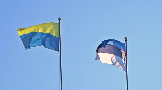 Ukrainian and Estonian Flags Fluttering Side by Side in Slow Motion on Sunny Summer Day with Clear Blue Sky