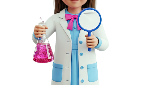Cartoon Scientist Girl with Beaker and Magnifying Glass - Powered by Adobe