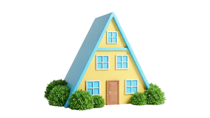 A-frame house with blue roof and yellow walls, surrounded by green bushes