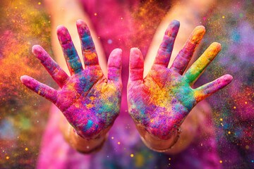 Vibrant and Colorful Hands Covered in Paint, Capturing the Joy of Creativity and Self-Expression Through Art and Imagination