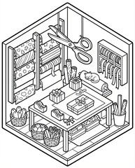 remote work lifestyle Isometric Illustration of a Charming Gift Wrapping Room with Supplies digital workplace concept