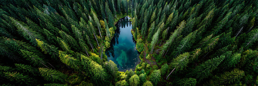 Aerial view of a turquoise alpine lake hidden deep in a dense evergreen forest with pine trees and firs, creating a stunning natural landscape panorama.