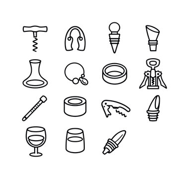 Wine Accessories Icons. Wine accessories. Line icon set of Wine accessories: corkscrew, foil cutter, wine stopper, aerator, decanter, glass marker, drip ring,