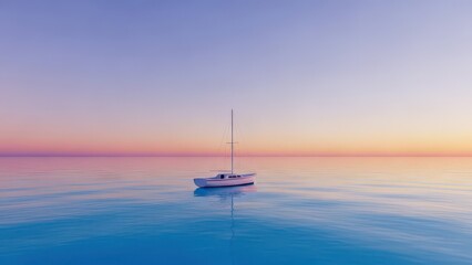 Fototapeta premium A lone sailboat drifts peacefully on the calm ocean at sunset, reflecting vibrant sky colors