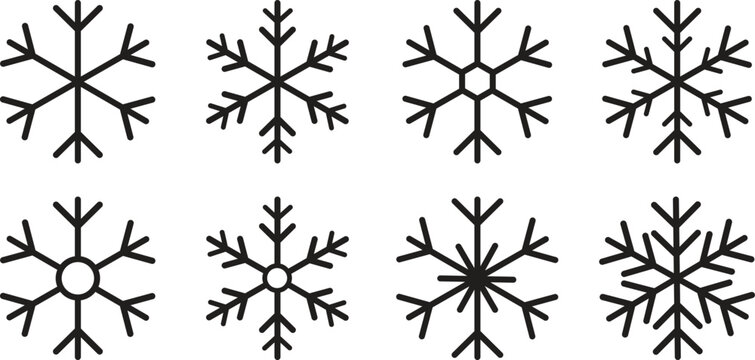 Snowflake icon set in black color, various winter ice crystal symbols in outline and minimalist styles for Christmas and holiday season design, cold weather vector graphics illustration.