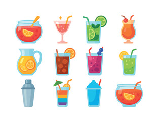 Colorful Party Drinks. Party Drinks. Colorful flat vector icons set of Party Drinks: fruit punch, sparkling cocktail, mojito glass, tropical smoothie, lemonade