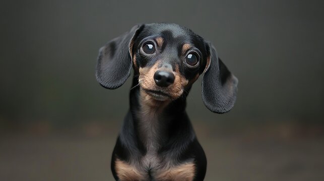 Charming portrait of an attentive dachshund against a grey backdrop, showcasing its playful spirit.
