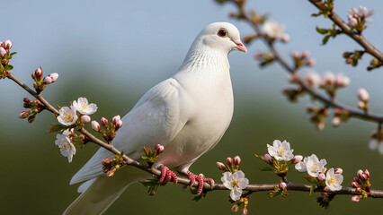 Obraz premium White dove perched on flowering branch in spring sunlight 