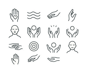 Mindful Line Icons. Mindful touch. Line icon set of Mindful touch: hand with heart, calm waves, soft gesture, mindful icon, serenity hands, peaceful glow,