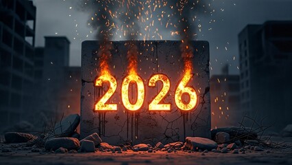 Glowing numbers 2026 illuminate a dark, destroyed city with fiery sparks and rubble.