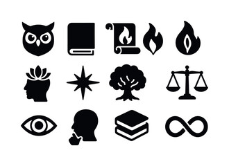 Wisdom Icons Collection. Wisdom. Solid icon set of wisdom: owl head, ancient book, illuminated scroll, wisdom flame, lotus mind, guiding star, elder tree,