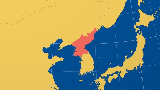 Dem. Rep. Korea on Globe. Animated zoom into the country in Ocean Blue Golden Yellow color palette. Dem. Rep. Korea logo animation. Map with meridians, parallels. Amazing video.