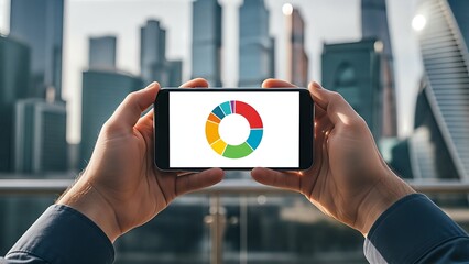 Hands holding a smartphone showing a colorful pie chart with a city skyline in the background, suggesting modern tech usage.