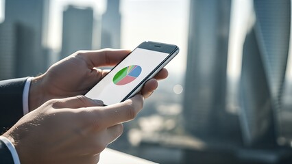 Close-up of hands holding a smartphone displaying a pie chart against a cityscape background.