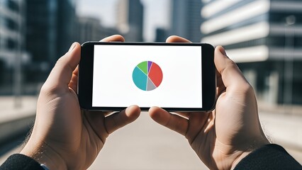 Close-up of hands holding a smartphone showing a colorful pie chart in an urban setting.