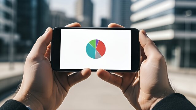 Close-up of hands holding a smartphone showing a colorful pie chart in an urban setting. - Powered by Adobe