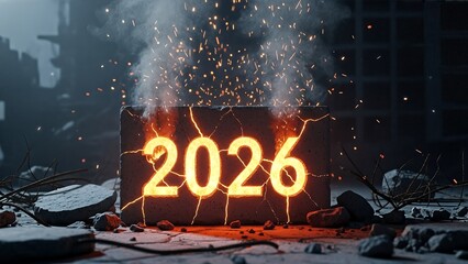 A dramatic image of the year 2026 lit with fiery cracks in a dark industrial setting, evoking tension.