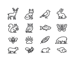 Fototapeta premium Valley Wildlife Icons. Valley wildlife. Line icon set of Valley wildlife: deer, fox, bird, rabbit, squirrel, owl, fish, butterfly, bee, bear paw print,