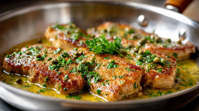 Pan-seared chicken piccata with lemon sauce and parsley.