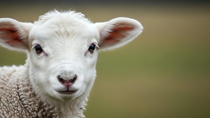 Fototapeta premium Adorable white lamb with pink ears looking directly at camera in pastoral farm setting. Cute young sheep portrait for agriculture and livestock content.