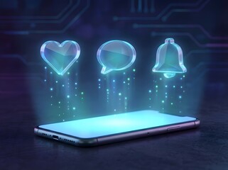 Holographic social media icons floating above a glowing smartphone screen, representing digital communication and interaction.