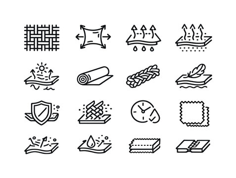 Performance Fabric Icons. Performance Fabric. Line icon set of Performance Fabric: fabric weave pattern, elastic stretch, moisture arrows, breathable pores,