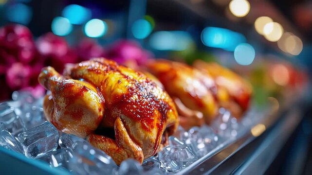 Row of whole raw chickens displayed on ice in supermarket, representing fresh poultry, food retail, and cold storage