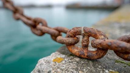 Closeup of a rusted chain link on a concrete dock by the water.