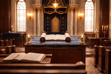 A Serene Interior of a Sacred Space Featuring an Open Torah Scroll in a Beautifully Decorated Sanctuary Surrounded by Candlelight and Elegant Woodwork