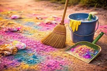 A Vibrant Scene of Cleaning Up Colorful Powder and Debris from a Festive Celebration, Capturing the Essence of Joy and Springtime Cheerfulness