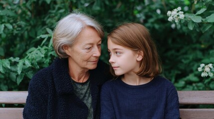 Obraz premium Elderly woman and a young girl sitting on a wooden bench in a garden. the woman is on the left side of the image, with her head resting on the shoulder of the girl.