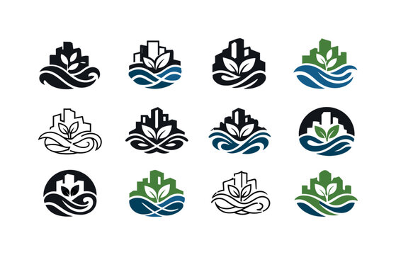 Urban Farm Emblem Icons. urban farming riptides. Icon set. Set Logo of urban farming riptides: resilient coastal microfarm emblem. harmonious logo variations