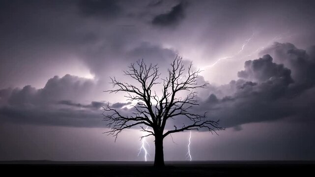 Stormy sky with lightning striking a barren tree