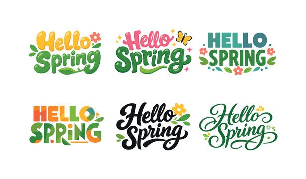 Hello Spring Lettering Grid. Hello Spring. Set lettering. harmonious lettering variations of the same emblematic concept, each with different