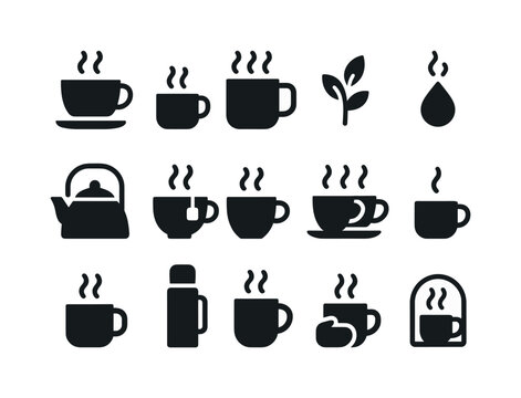 Warm Beverage Icons. Warm beverages. Solid icon set of warm beverages: tea cup, cocoa mug, latte mug, herbal steam, kettle icon, cup with sachet, steam trio,