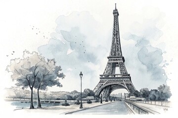 A black and white drawing of a tower with the eiffel tower in the background