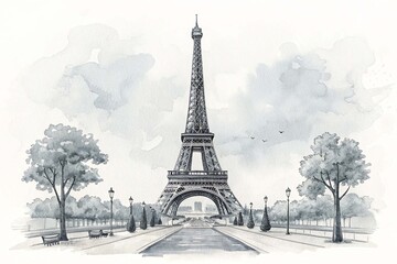 A black and white drawing of a tower with the eiffel tower in the background