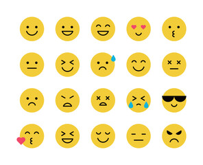 A set of emoji icons expressing various emotions, including joy, happiness, sadness, anger, and love. Vector designs perfect for social media, mobile app interfaces, and digital communications.