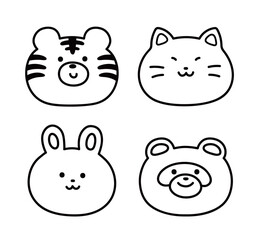 Set of four cute animal face outlines including a tiger, cat, rabbit, and bear. Simple black and white vector line art perfect for coloring pages, children's stickers, and minimalist nursery decor.