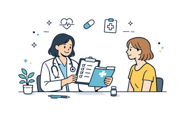 Routine Checkup Illustration. Primary care visit. Doctor checking a checklist and patient records during a routine appointment, showing organized and caring