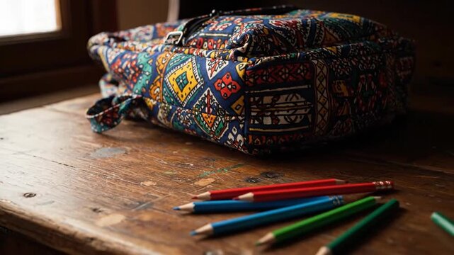 Close up of Colorful backpack bag on rustic wooden table, near window. Stylish pattern backpack.