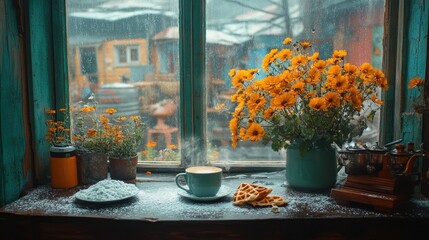 Cozy autumnal window scene with coffee and flowers