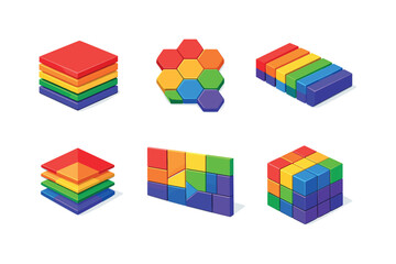 Rainbow Geometric Grid. Rainbow geometric backgrounds. Isometric flat vector icons set of rainbow geometric backgrounds: stacked rainbow rectangles, hexagonal