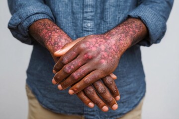 Hands affected by eczema show redness and dryness on neutral background