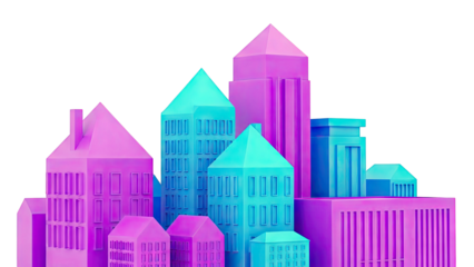 Vibrant Stylized Cityscape with Purple and Blue Buildings