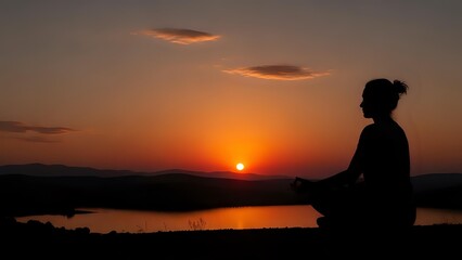 Fototapeta premium Woman silhouette meditating at sunset by lake with orange sky and clouds. Peaceful yoga practice during golden hour for wellness and mindfulness concepts.